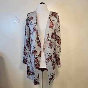 Skonhet: Women's Small Gray Heather Rose Print Open front Long Sleeve Cardigan
